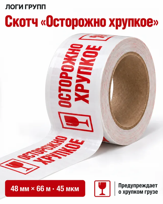 Маркированный скотч «Осторожно хрупкое», 48 мм × 66 м, 45 мкм