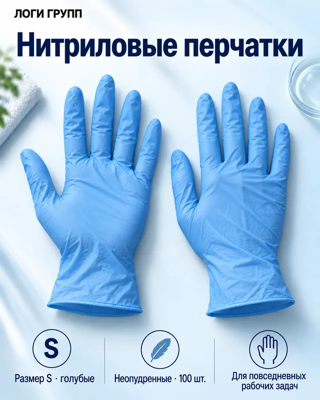 Перчатки нитриловые неопудренные, голубые, размер S — 100 шт./упак