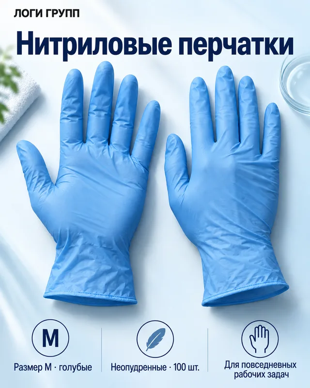 Перчатки нитриловые неопудренные, голубые, размер M — 100 шт./упак