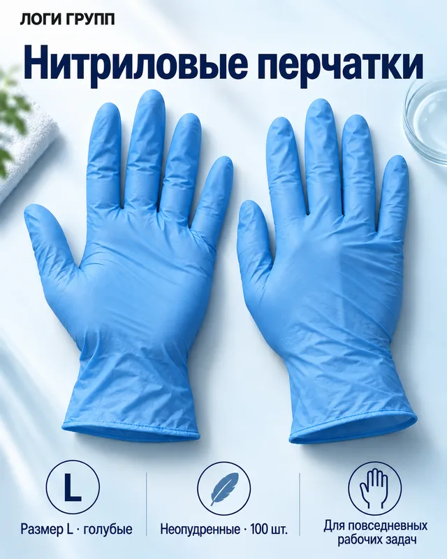 Перчатки нитриловые неопудренные, голубые, размер L — 100 шт./упак