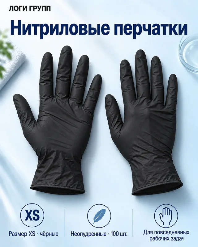 Перчатки нитриловые неопудренные, чёрные, размер XS — 100 шт./упак