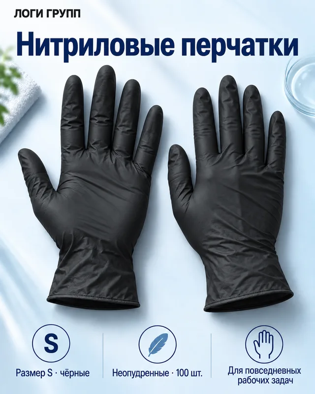 Перчатки нитриловые неопудренные, чёрные, размер S — 100 шт./упак
