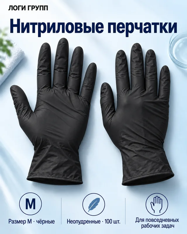 Перчатки нитриловые неопудренные, чёрные, размер M — 100 шт./упак