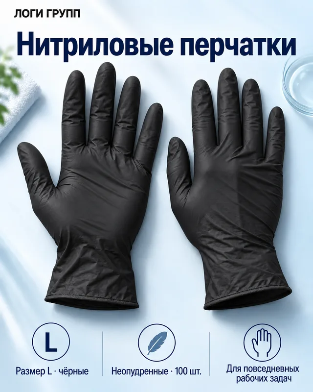 Перчатки нитриловые неопудренные, чёрные, размер L — 100 шт./упак