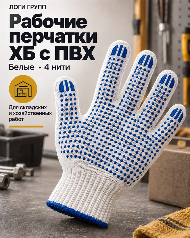 Перчатки рабочие ХБ с ПВХ, белые, 4 нити