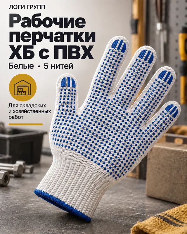 Перчатки рабочие ХБ с ПВХ, белые, 5 нитей