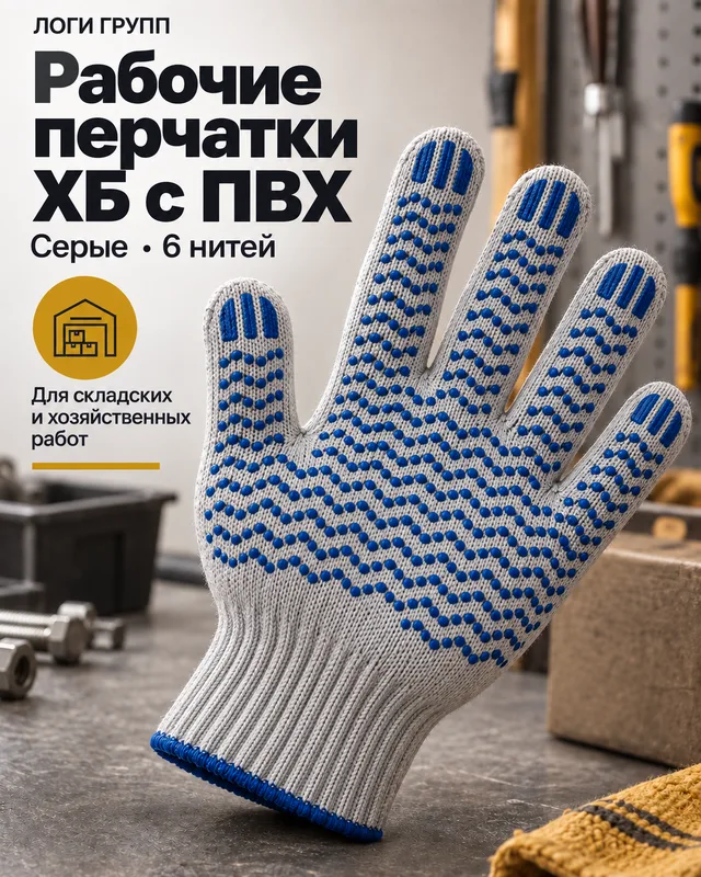 Перчатки рабочие ХБ с ПВХ, серые, 6 нитей