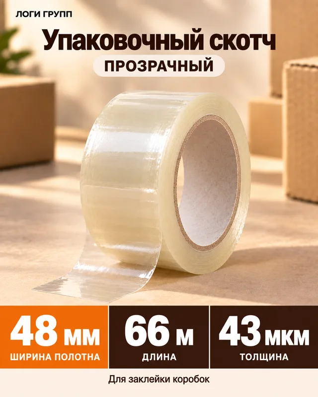 Упаковочный скотч прозрачный 48 мм × 66 м, 43 мкм - акция