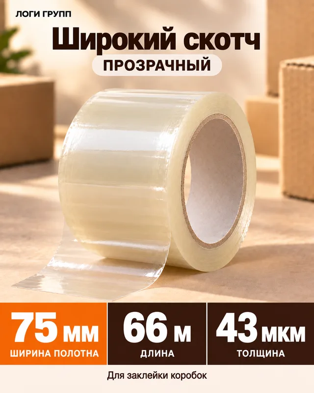 Упаковочный скотч прозрачный широкий 75 мм × 66 м, 43 мкм