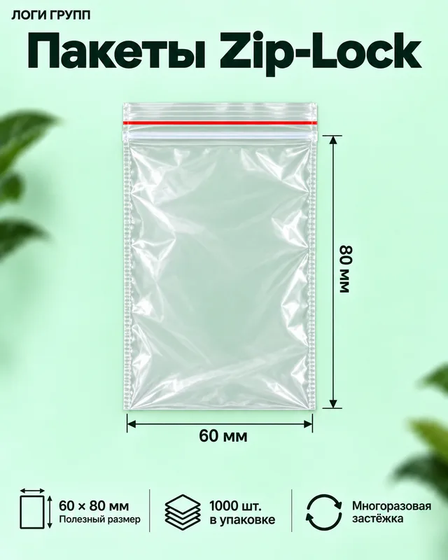 Пакеты Zip-Lock 60 × 80 мм, 1000 шт./упак (гриппер)