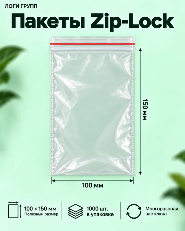 Пакеты Zip-Lock 100 × 150 мм, 1000 шт./упак (гриппер)